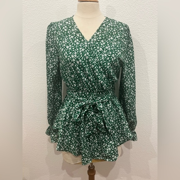 Source Unknown Tops - Green Polka Dot Blouse with Sash.